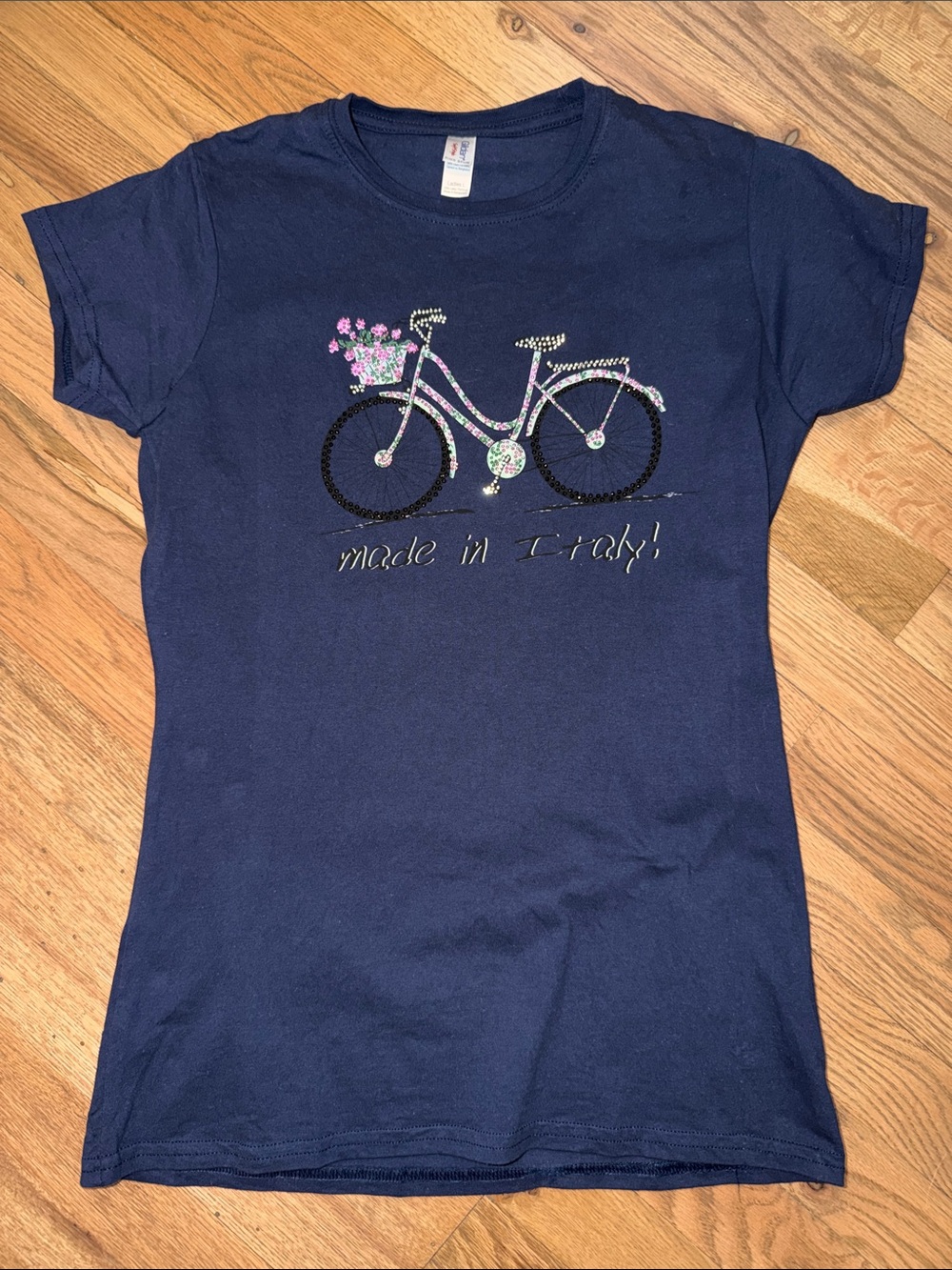 Gildan Navy Made in Italy Pink Floral Bicycle Graphic Size L